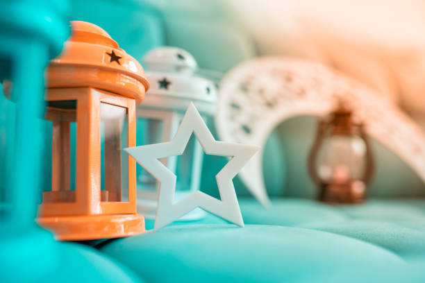 Islamic concept Decoration white star with traditional lantern