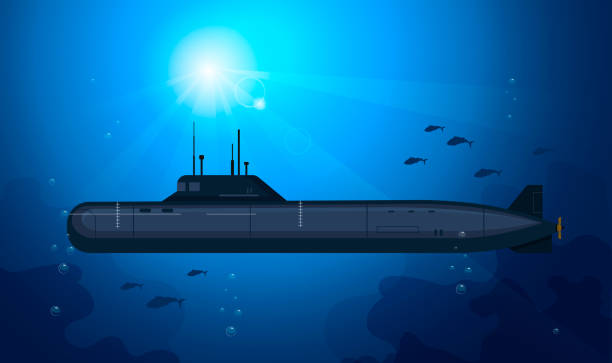 ilustrações, clipart, desenhos animados e ícones de submarino está navegando nas profundezas do mar. peixes e luz do sol ao fundo. conceito de exploração subaquática. ilustração gráfica vetorial - sub sea