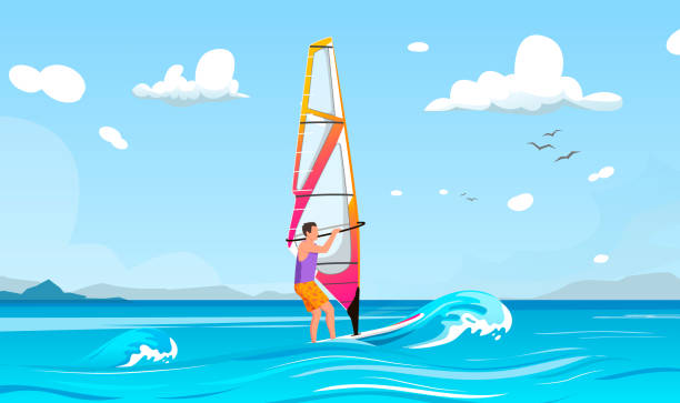 stockillustraties, clipart, cartoons en iconen met man is driving on waves on windsurfing board. horizon with clouds, seagulls in the background. concept of active leisure. vector graphic illustration - wind surfen