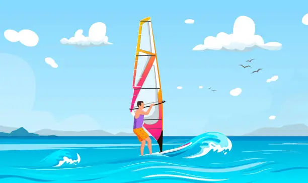 Vector illustration of Man is driving on waves on windsurfing board. Horizon with clouds, seagulls in the background. Concept of active leisure. Vector graphic illustration