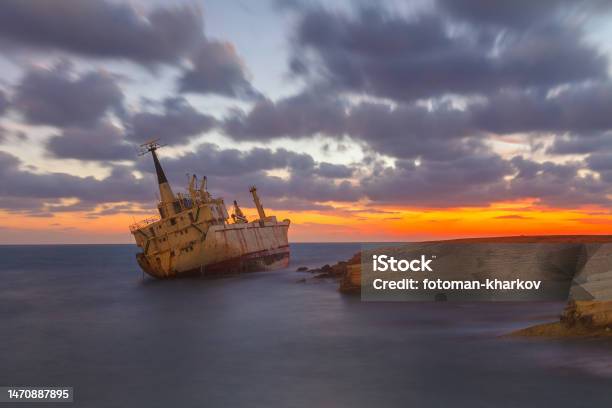 Rocky Seascape From The Island Of Cyprus With The Shipwreck As Main Object Stock Photo - Download Image Now
