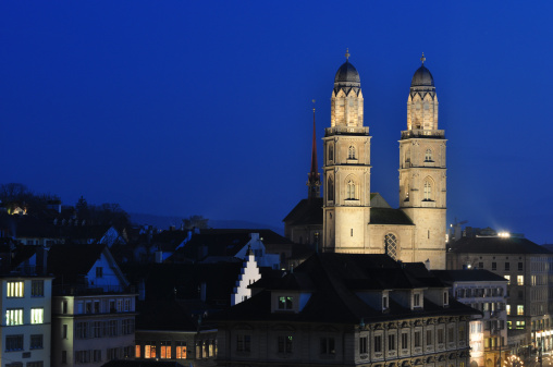 The blue hour, seen at ZArich, with the marvelous GrossmAnster - one of the most beautiful churches in Switzerland.