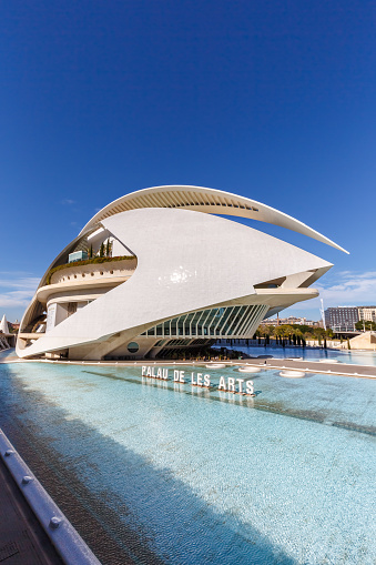 Valencia, Spain - February 17, 2022: Ciutat de les Arts i les Ciencies with Palace of the Arts building modern architecture by Santiago Calatrava portrait format in Valencia, Spain.