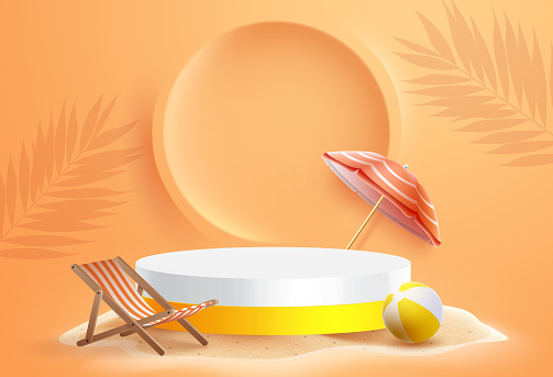 Summer podium vector design. Summer product display with podium and beach elements in background. Vector illustration summer product advertisement.