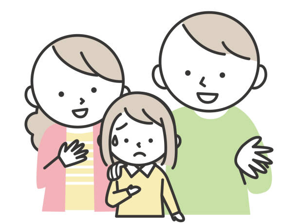 A girl with an uneasy expression and her parents encouraging her. A girl with an uneasy expression and her parents encouraging her. Illustration of elementary school daughter and parents. Simple style illustrations with outlines. family reunion clip art stock illustrations