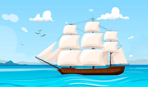 Sailing ship is traveling in sea with waves. Horizon with mountains, seagulls and clouds in the background. Concept of trip on seacraft. Vector graphic illustration Sailing ship is traveling in sea with waves. Horizon with mountains, seagulls and clouds in the background. Concept of trip on seacraft. Vector graphic illustration old ship cartoon stock illustrations