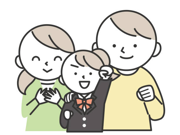 A smiling female student in a blazer uniform and her parents. A smiling female student in a blazer uniform and her parents.Family illustration of daughter and parents. Simple style illustrations with outlines. family reunion clip art stock illustrations