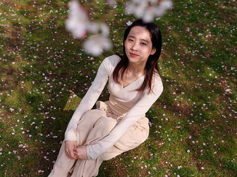 Outdoor portrait of beautiful young Chinese girl sitting on meadows with blossom white cherry flowers background in spring garden, beauty, summer, emotion, lifestyle, expression and people concept.