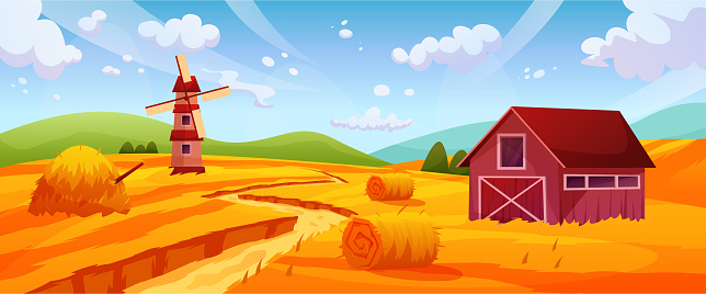 Countryside landscape with wheat, windmill, warehouse, road, clouds, sky. Concept of harvest in late summer. Vector graphic illustration