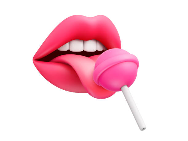 Cartoon female lips and tongue licking candy Sexy female lips and tongue licking pink round sugar candy on stick. Beautiful mouth licking lollipop isolated on white background. Cartoon style. Vector illustration candy in mouth stock illustrations