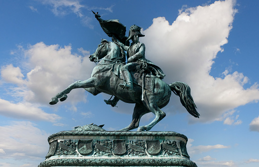 A statue depicts Napoleon on horseback, on Route Napoleon in France