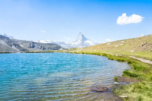Alpine landscape mit famous Matterhorn peak and Stellisee, Zermatt,  Switzerland