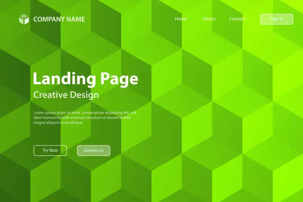 Vector illustration of Landing page Template - Abstract geometric background with Green cubes - Trendy 3D background