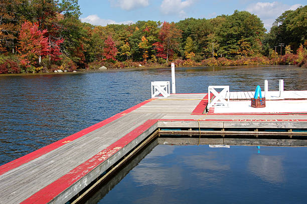 dock on lake in autumn stock photo