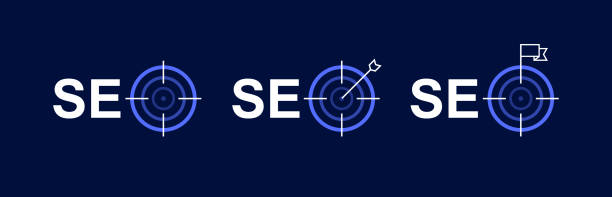 seo-symbol mit isoliertem ziel auf dunklem hintergrund. seo optimierung, analytik und marketing. das konzept, ein ziel in seo zu erreichen. vektorillustration - archery target sport sport computer icon stock-grafiken, -clipart, -cartoons und -symbole