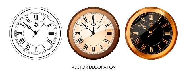 Set of clocks. Three of clock dials on white background. Poster with white, brown, gold and black watches. Isolated icons. Dial with roman numerals. Watch shop decoration. Vector illustration