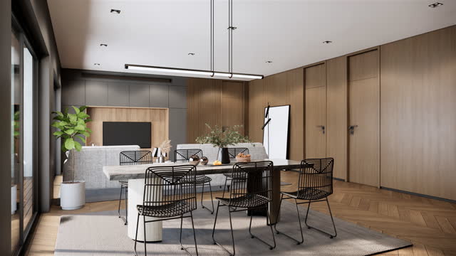 3d visualization of Modern dining room with living room area. Contemporary apartment design.