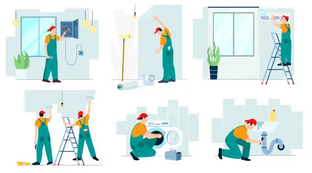 Vector illustration of Set of professional repair service worker in green unifom make renovation in house. Repairman fix electricity, water pipe, washing machine, conditioner, glue wallpaper, paint wall. Vector illustration