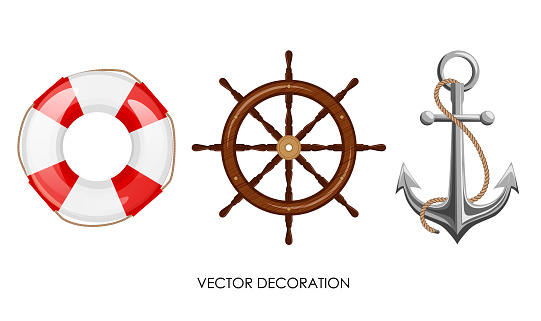 Set of lifebuoy, wooden steering wheel, anchor with rope on white background. Isolated vintage ship objects. Elements of sea boat equioment . Marine theme decoration. Vector illustration