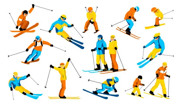 Vector illustration of Set of skiers isolated on white background. Family winter trip in mountains. Ski actions: downhill, slalom, freeride, ski jumping, freestyle. Skiing in winter Alps. Vector illustration