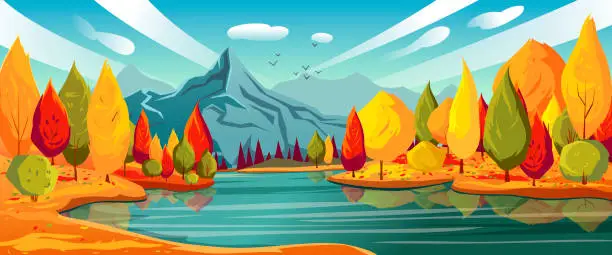 Vector illustration of Autumn clear day landscape. Poster of red, yellow, green, brown trees and pure river, mountain on background. Big and small clouds, birds fly in the sky. Season wallpaper. Vector graphic illustration