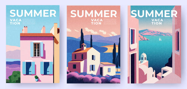 sommerliche naturlandschaft poster, cover, kartenset mit meerblick, sommerfelder, häuser, berge und typografie-design. sommerferien, urlaubsreisen in europa illustrationen. - greek revival style stock-grafiken, -clipart, -cartoons und -symbole