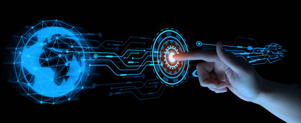 istock finger press button technology connect circuit to start world cyberspace network on dark background 1470895805
