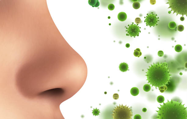istock vector banner. nose and particles, bacteria, viruses. protection against allergies and diseases 1470896491
