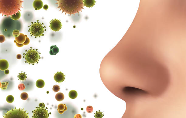 istock vector banner. nose and particles, bacteria, viruses. protection against allergies and diseases 1470896493