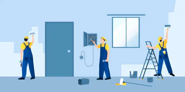 Vector illustration of Repair team work indoor. Workers in yellow, blue uniforms make repairs of room. Electrician fix electrical system, two men paint wall. Toolbox, ladder and roller on floor. Flat vector illustration