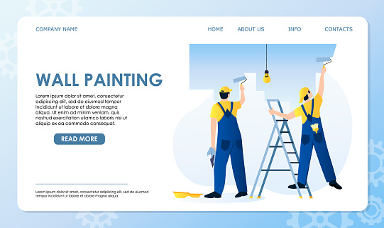 Two professional wall painting service workers in blue uniform paint wall in room of house, apartment on white background. Painter on ladder put brush in pocket. Vector illustration