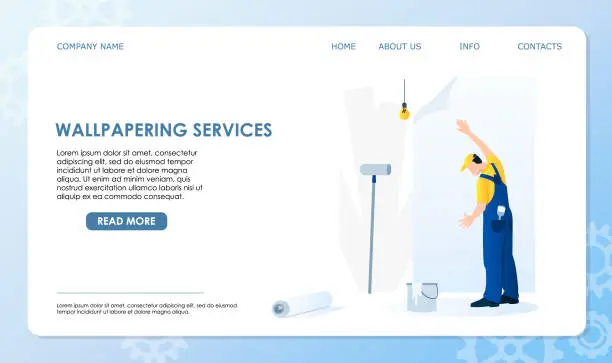 Vector illustration of Professional wallpapering service worker in blue overall glue wallpaper on wall in room of house, apartment. Bucket of glue, roll of wallpaper, roller on floor. Vector illustration