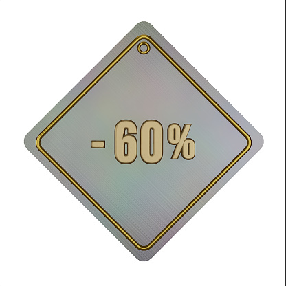 Golden texture -60% off discount letter promotion on ranbow metal price tag background sign symbol, premium label.