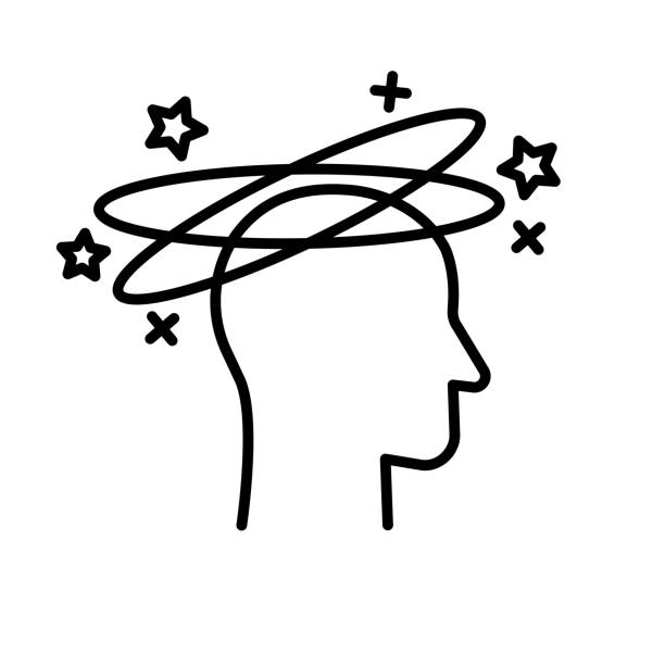 Man feel dizzy and headache. Tired man with nausea icon. Dizziness, migraine, headache, distracted. vector art illustration