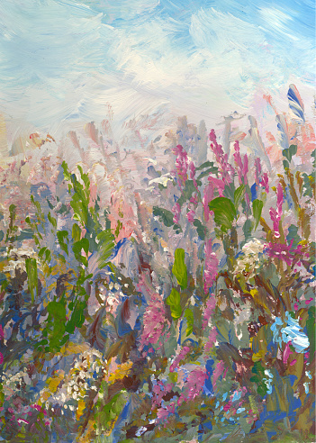 spring flowering wildflowers painted with one wide brush, oil painting