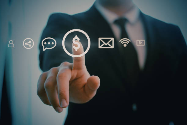 istock Businessman pressing US dollar symbol 1470902720