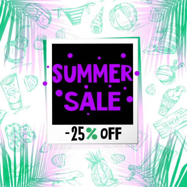 Vector illustration of Summer sale concept in flat style. A photo of a quick print with summer sales on a white background with a freehand drawing in the shade of a palm leaf.