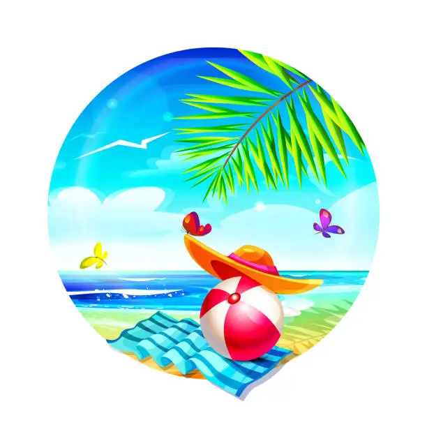 Vector illustration of Summer beach holiday concept in cartoon style. Beach ball in a hat and a towel with butterflies on the background of a summer seascape. Illustration inscribed in a circle.