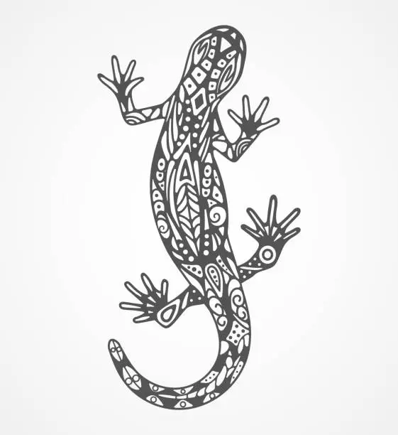 Vector illustration of Black lizard with pattern on the body in the style of a tribal tattoo.  Logo for animal design.