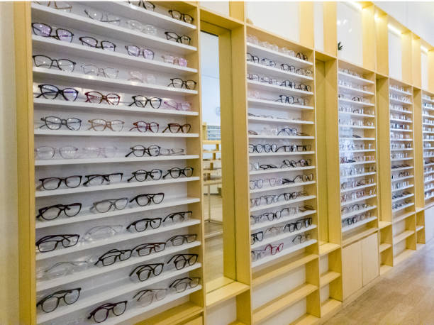 a row of eyeglass models in an optician