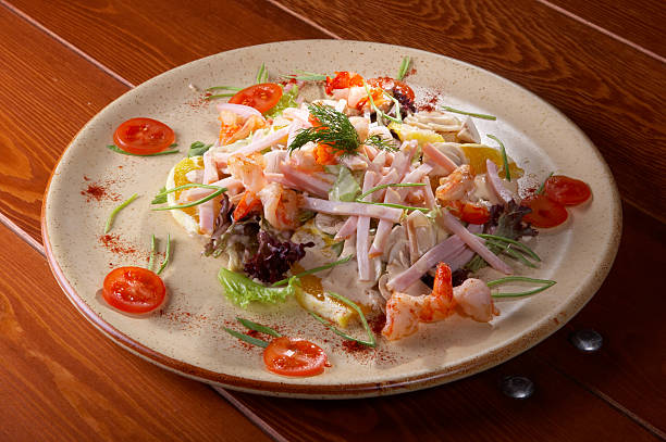 istock Shrimps salad with ham 147090822