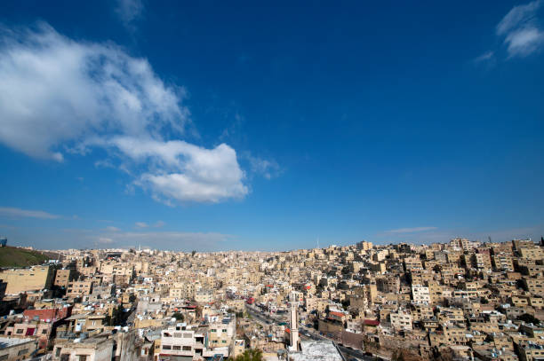 Amman cityscape under blue sky from Jabal al-Qala’a hill, Amman, Jordan stock photo