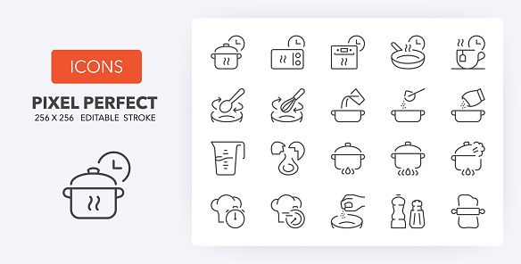 Cooking. Thin line icon set. Outline symbol collection. Editable vector stroke. 256x256 Pixel Perfect scalable to 128px, 64px...