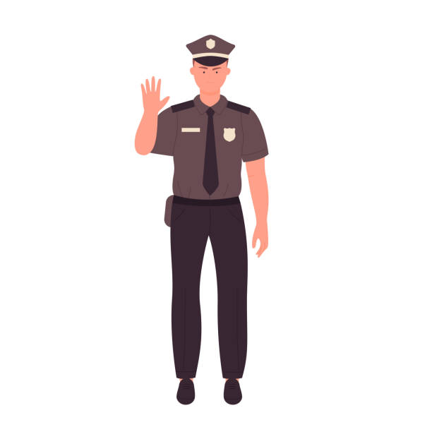 polizist zeigt stopp-geste - no eating sign law eating stock-grafiken, -clipart, -cartoons und -symbole