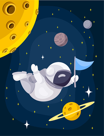 Floating Astronaut in space . Cartoon Creative Mascot.