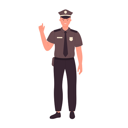 Policeman with pointing finger. Standing police officer in uniform vector illustration