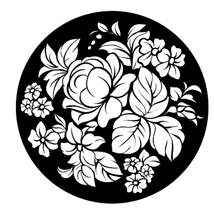 Vector round floral monochrome hand drawn ornament. White flowers on black background.