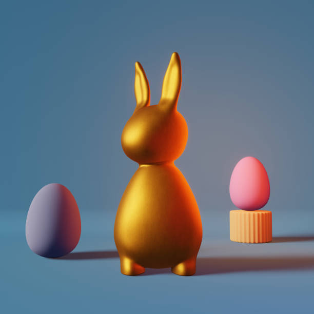 istock Shiny golden bunny eggs blue neon light 3d rendering Contemporary creative minimalist style pop-art greeting card. 1470913369