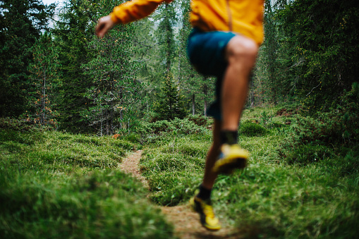 Man trail running in a mountain forest