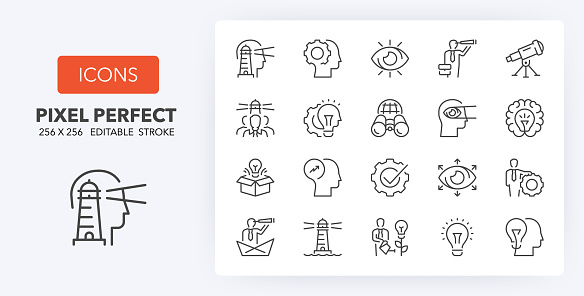Vision and innovation, business concepts. Thin line icon set. Outline symbol collection. Editable vector stroke. 256x256 Pixel Perfect scalable to 128px, 64px...